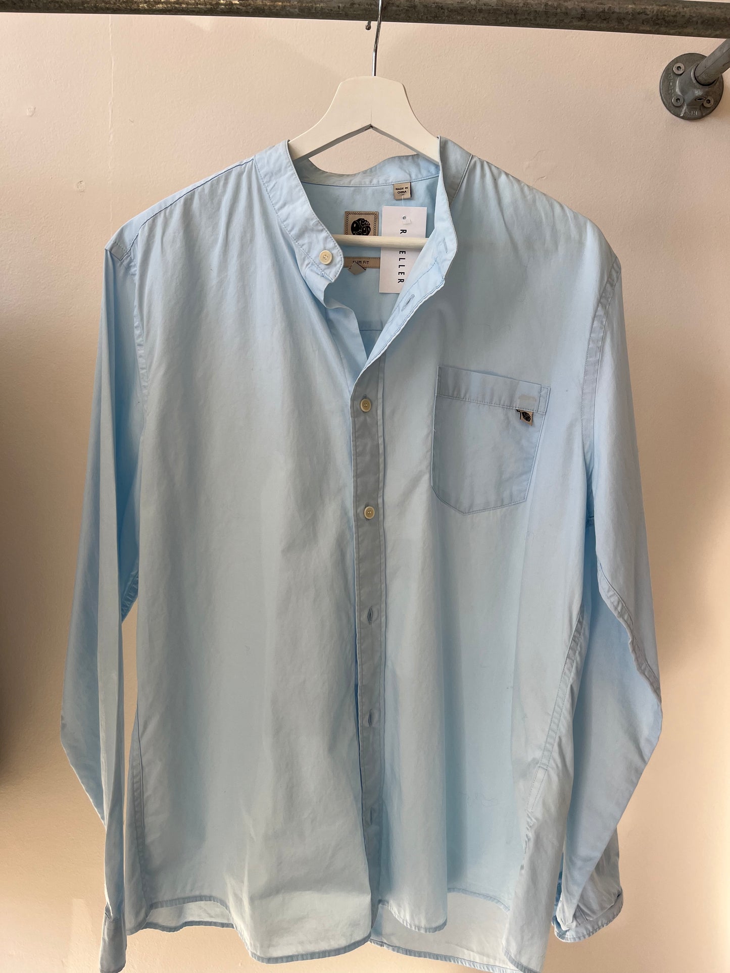 Pretty Green Nehru Collar Slim Fit Pocket Shirt Sky Blue XL