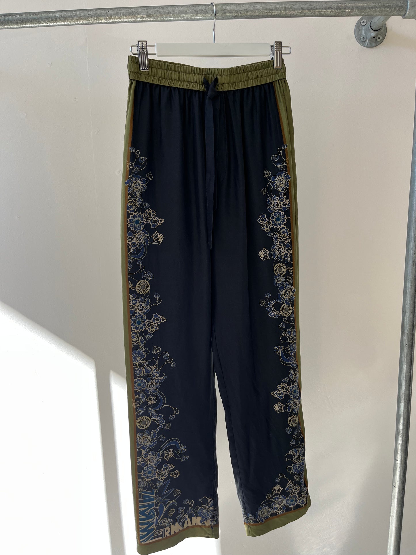 Zimmermann Silk Wide Leg Pants Navy w. Khaki Trims XS