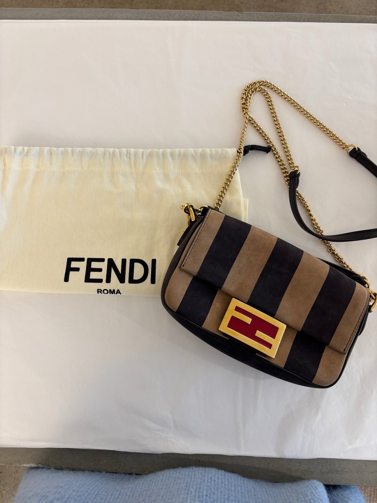 Fendi Pecan Nubuck Small Baguette Crossbody Bag