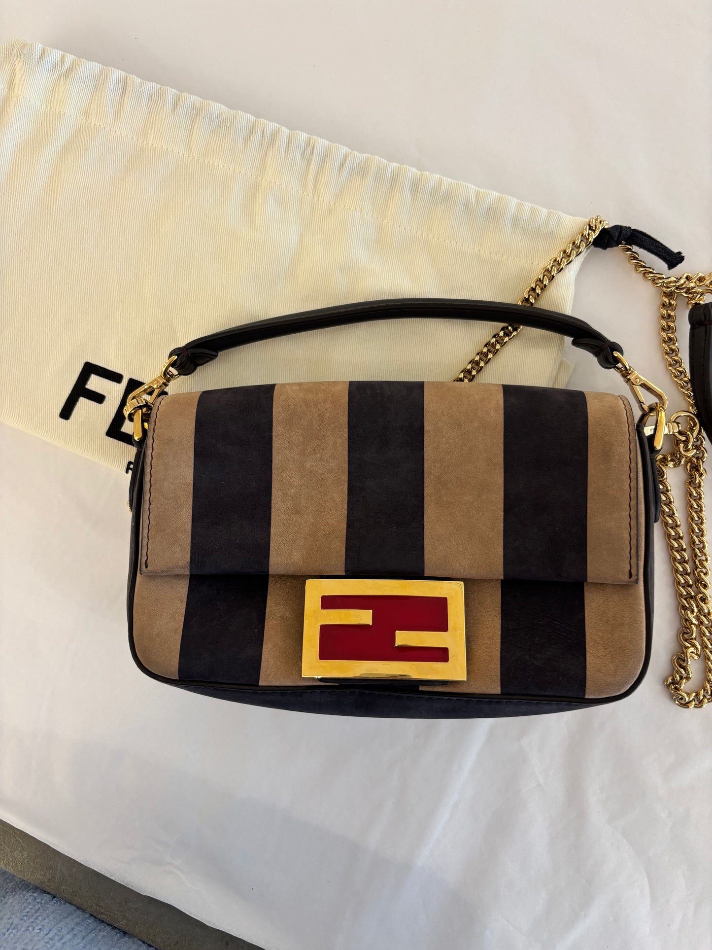 Fendi Pecan Nubuck Small Baguette Crossbody Bag