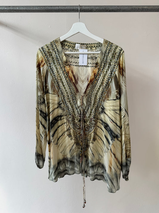 Camilla Silk Long Sleeve Beaded Zebra Top M