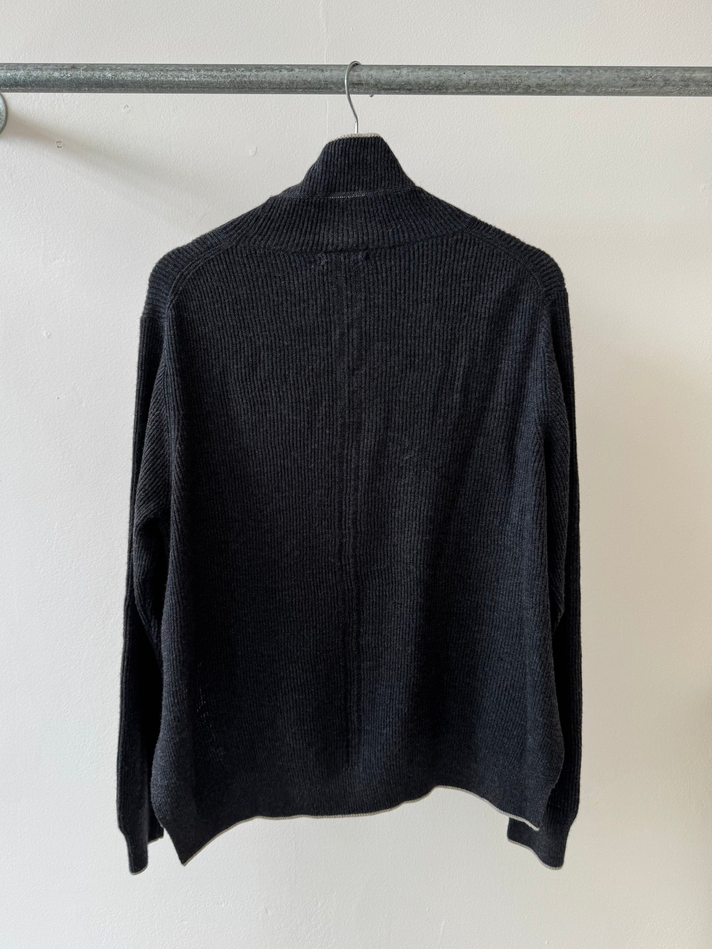 Bassike Funnel Neck Ribbed Wool Jumper Charcoal with Cream Trim L