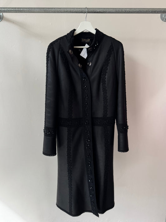 Lanvin Shearling Lace and Bead Detail Leather Coat Black XS